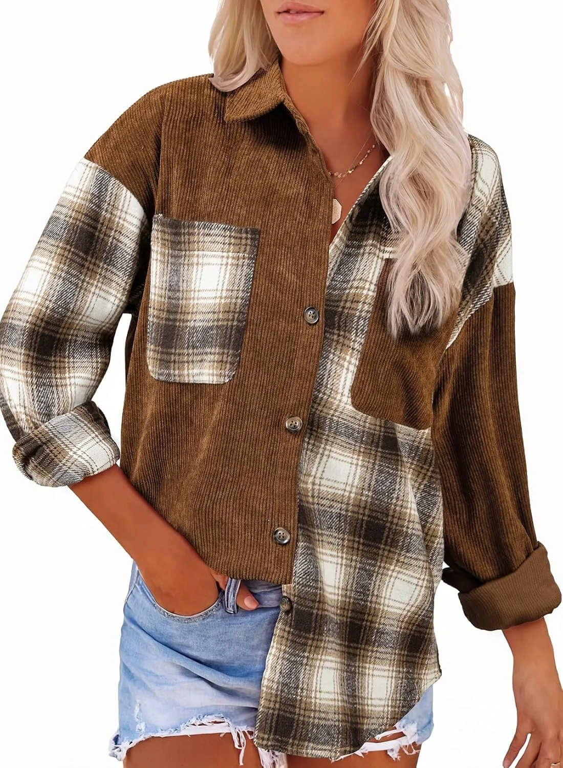 Astylish Women's Color Block Corduroy Shirts Long Sleeve Button Down Boyfriend Blouses Tops