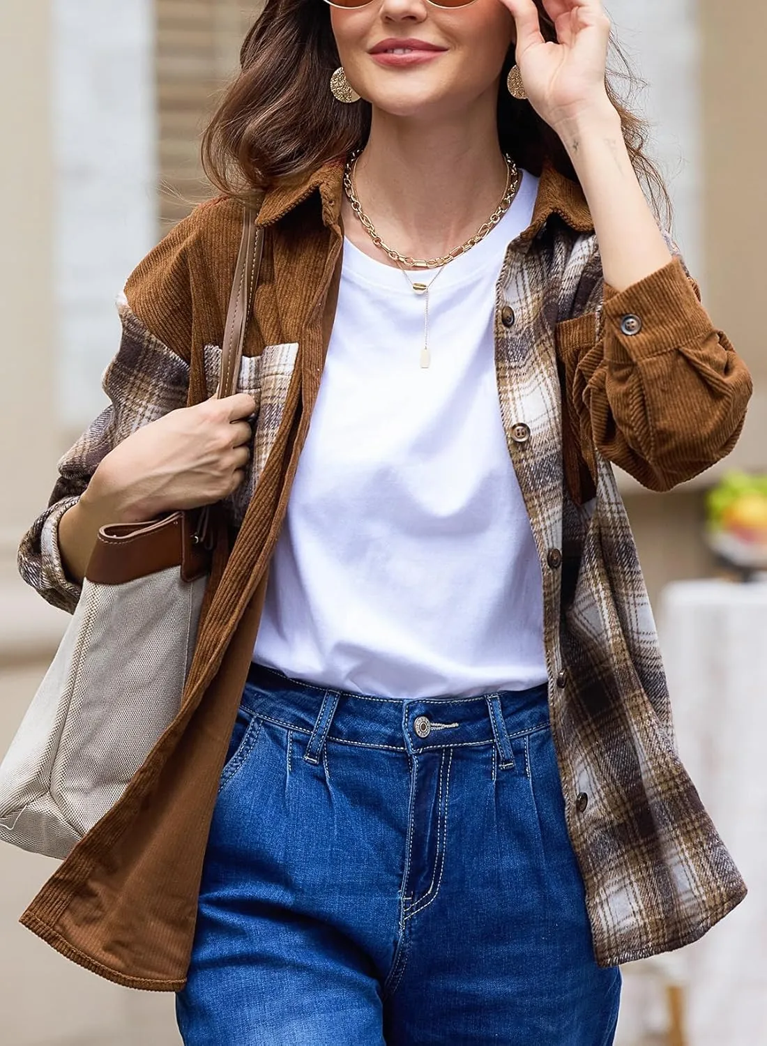 Astylish Women's Color Block Corduroy Shirts Long Sleeve Button Down Boyfriend Blouses Tops