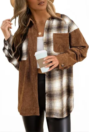 Astylish Women's Color Block Corduroy Shirts Long Sleeve Button Down Boyfriend Blouses Tops
