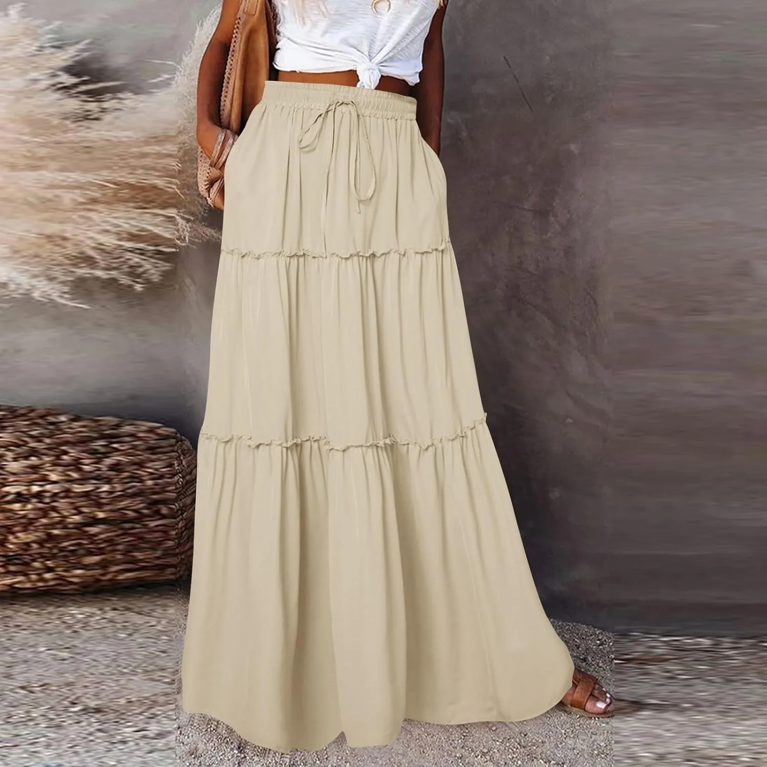 Beach Skirts for Women, Maxi Summer Solid Color Casual Vacation Womens Skirts