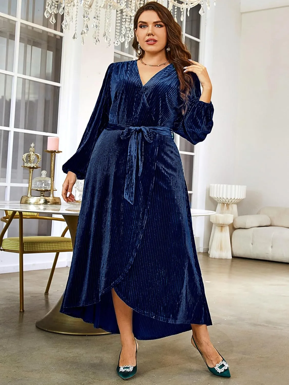 BerryGo Women's Velvet V Neck Wrap Semi Formal Dress Cocktail Party Maxi Dress for Wedding Guest