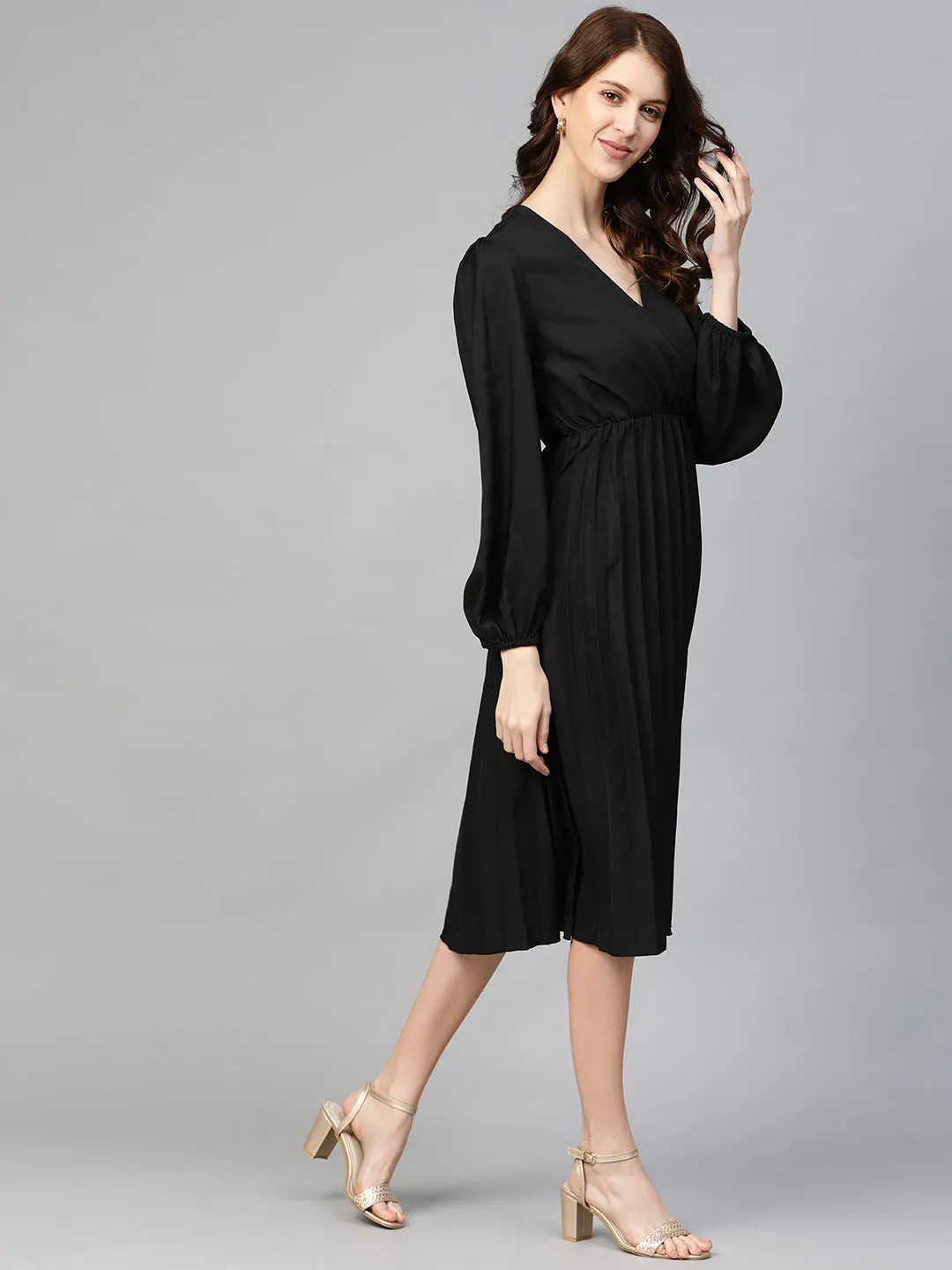 Black Accordion Pleated Wrap Dress