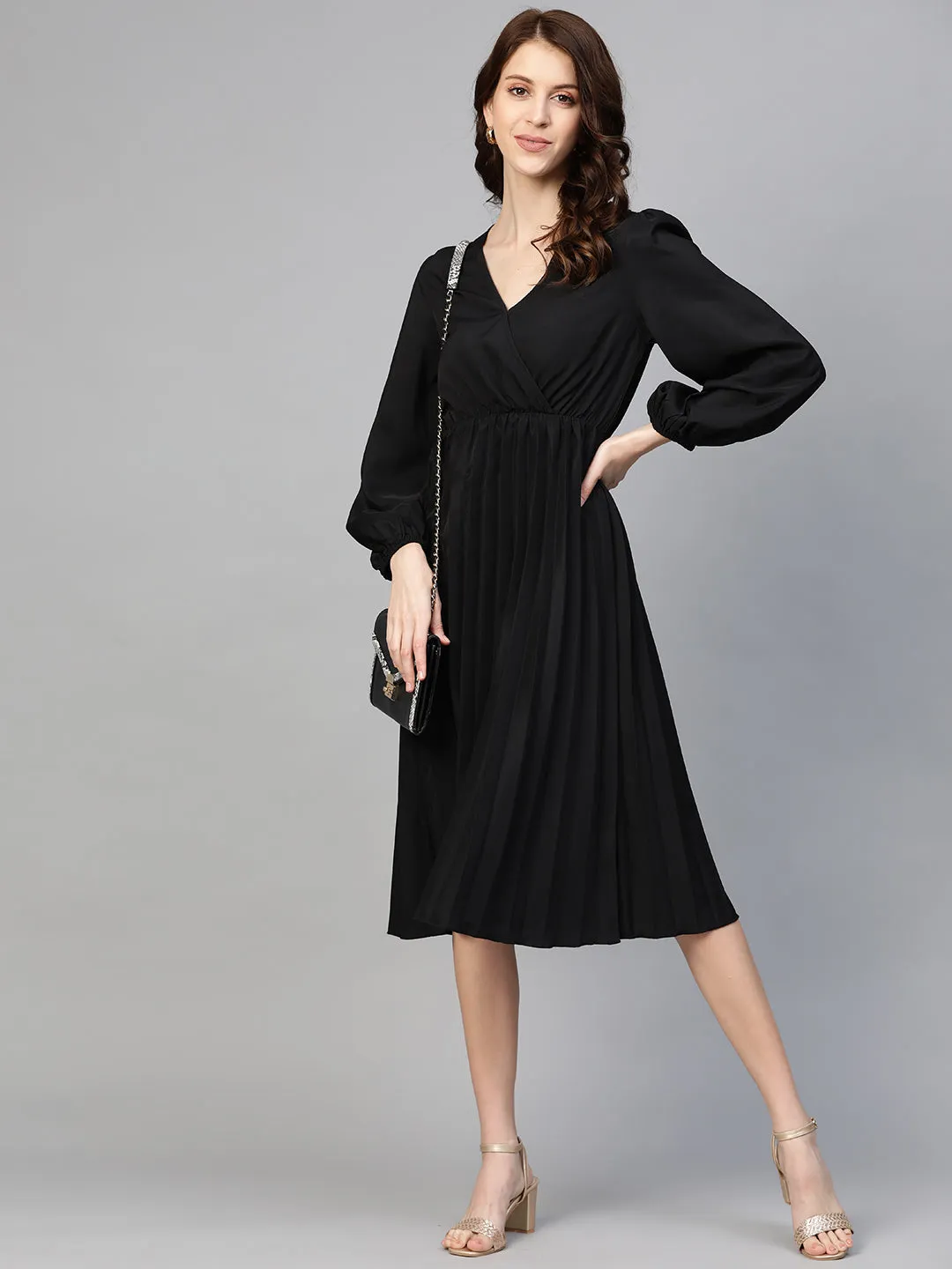Black Accordion Pleated Wrap Dress