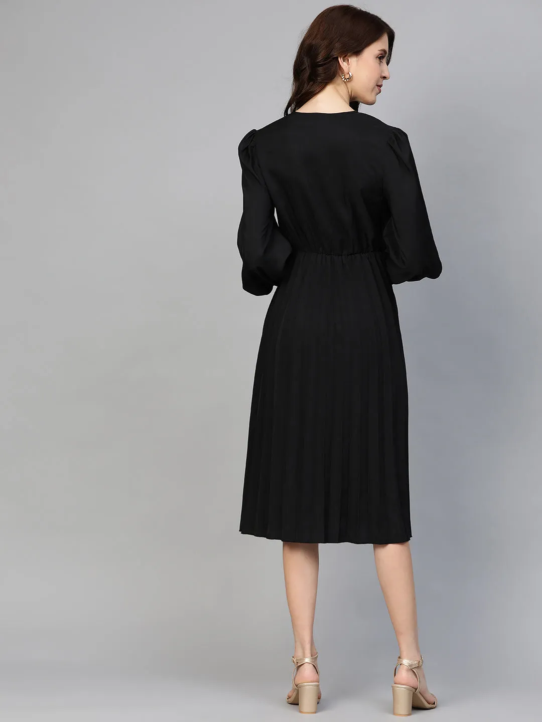 Black Accordion Pleated Wrap Dress