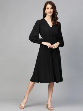 Black Accordion Pleated Wrap Dress