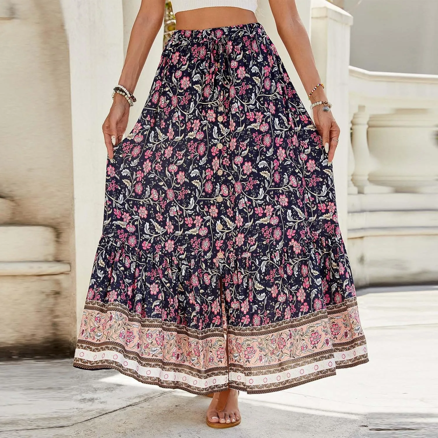 Boho Maxi Skirt Summer Vacation Casual High Elastic Waist Bohemian Graphic Boha Floral Print Skirt Trendy Streetwear