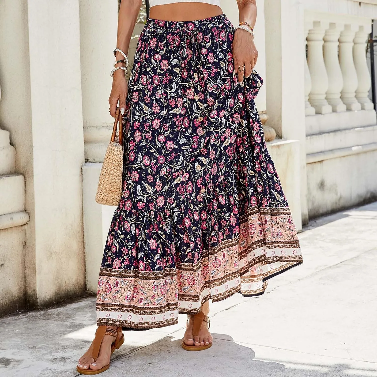 Boho Maxi Skirt Summer Vacation Casual High Elastic Waist Bohemian Graphic Boha Floral Print Skirt Trendy Streetwear