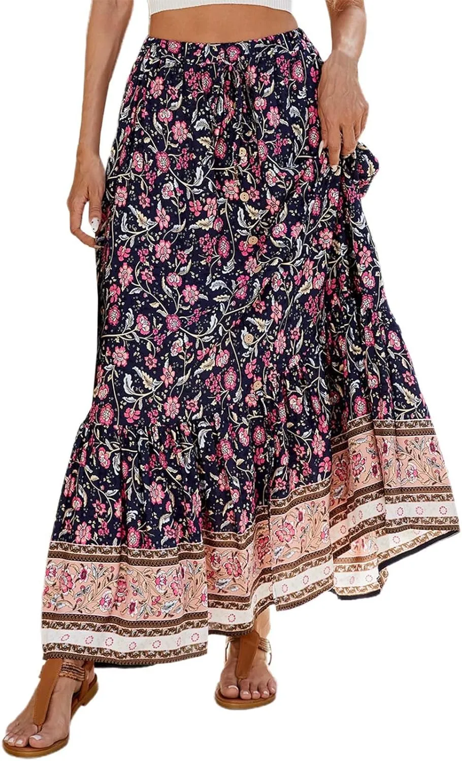 Boho Maxi Skirt Summer Vacation Casual High Elastic Waist Bohemian Graphic Boha Floral Print Skirt Trendy Streetwear