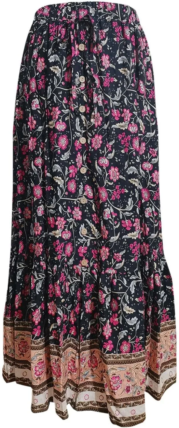 Boho Maxi Skirt Summer Vacation Casual High Elastic Waist Bohemian Graphic Boha Floral Print Skirt Trendy Streetwear