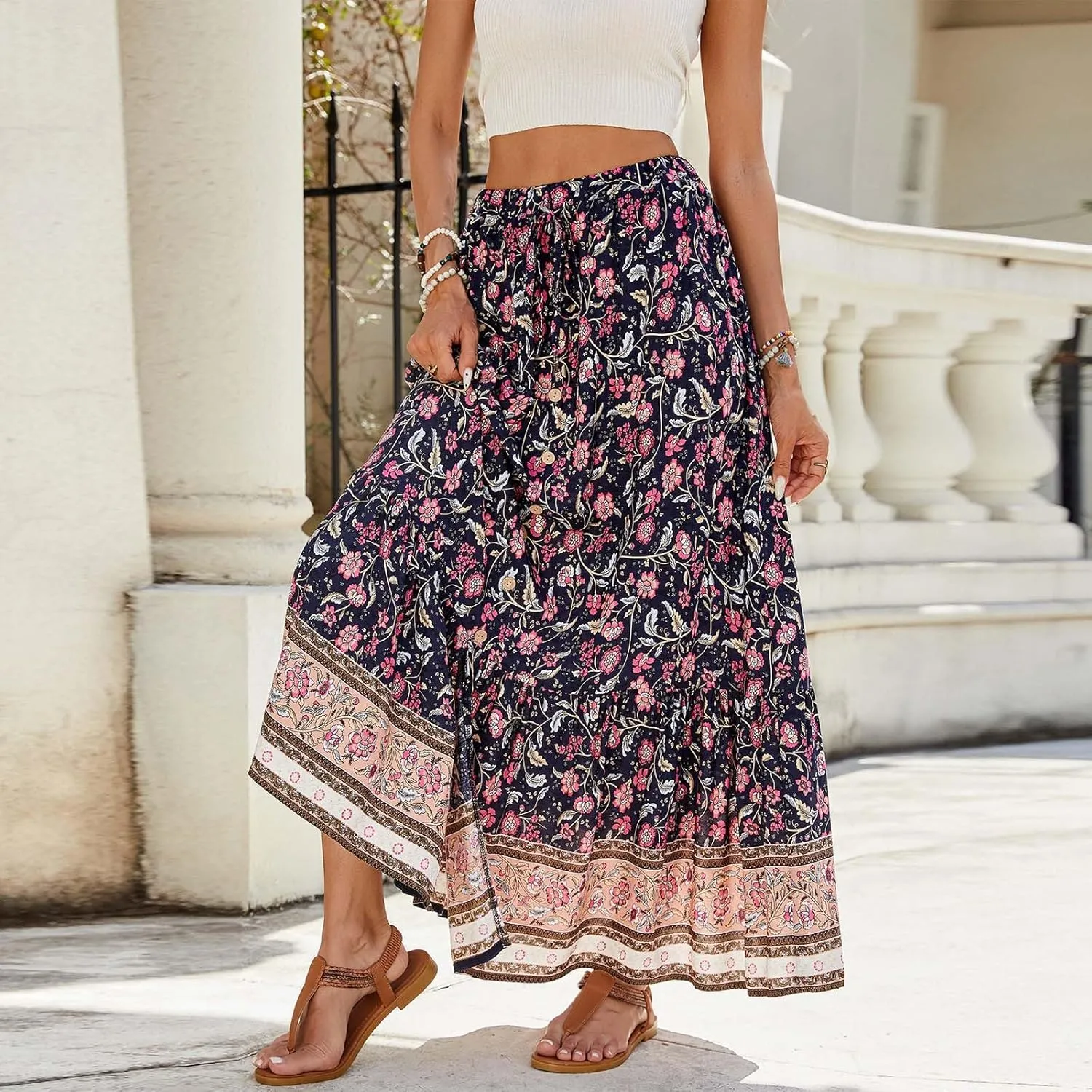 Boho Maxi Skirt Summer Vacation Casual High Elastic Waist Bohemian Graphic Boha Floral Print Skirt Trendy Streetwear