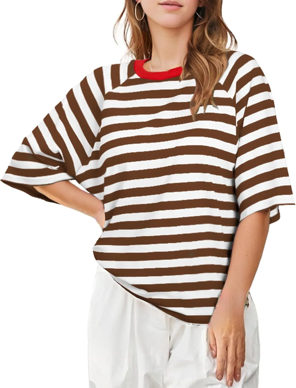 Buauty Women Oversized Striped T Shirts, Color Block Summer Tops, Crew Neck Short Sleeve Casual Tee, Fashion Trendy Loose Top