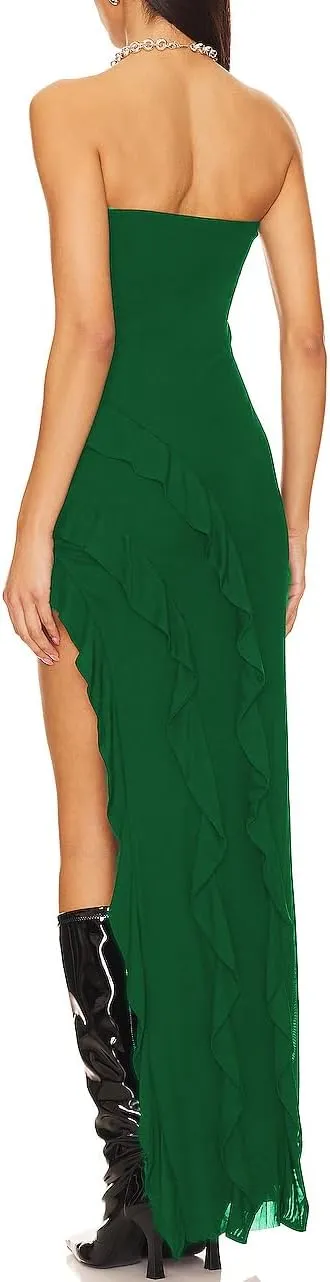 Capuffy Womens Tube Strapless Maxi Dress Irregular Ruffles Hem Cocktail Dress Off Shoulder Tassel High Slit Evening Gown 312