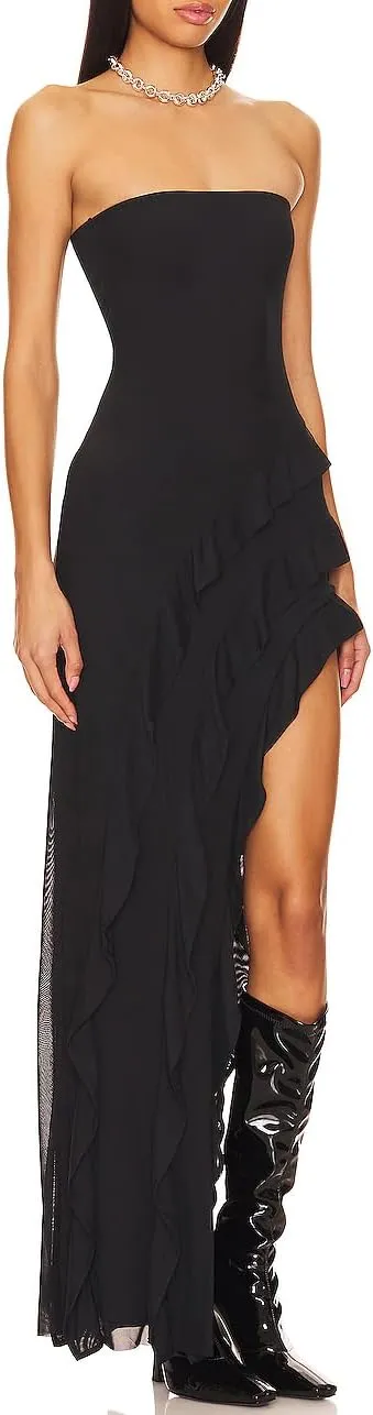 Capuffy Womens Tube Strapless Maxi Dress Irregular Ruffles Hem Cocktail Dress Off Shoulder Tassel High Slit Evening Gown 312