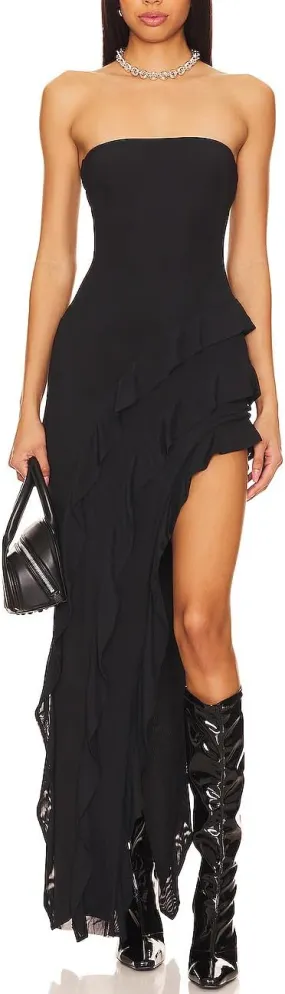 Capuffy Womens Tube Strapless Maxi Dress Irregular Ruffles Hem Cocktail Dress Off Shoulder Tassel High Slit Evening Gown 312
