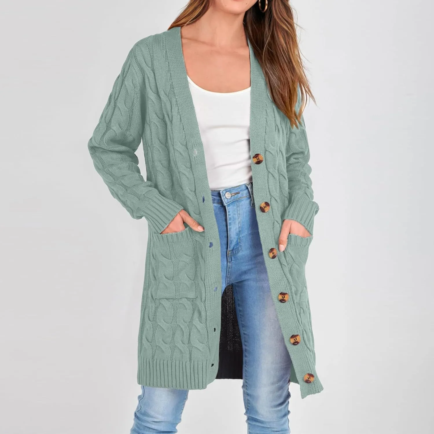 Chunky Knit Long Cardigans for Women Soft Open Front Button Down Sweaters Outerwear Trendy Loose Fall Clothes Coats