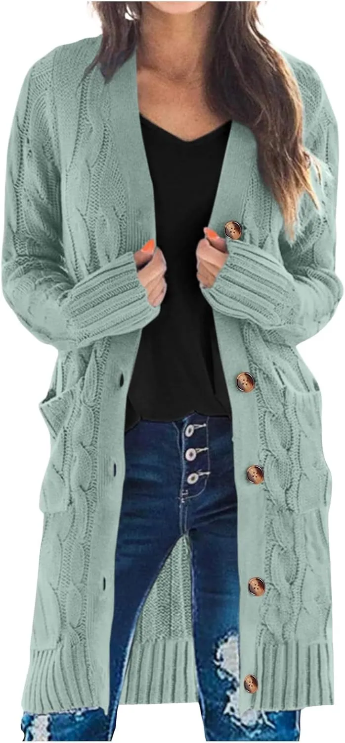 Chunky Knit Long Cardigans for Women Soft Open Front Button Down Sweaters Outerwear Trendy Loose Fall Clothes Coats