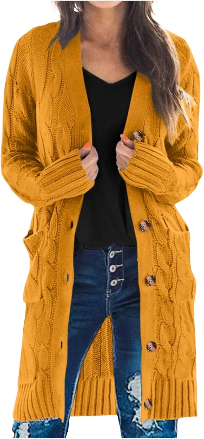 Chunky Knit Long Cardigans for Women Soft Open Front Button Down Sweaters Outerwear Trendy Loose Fall Clothes Coats