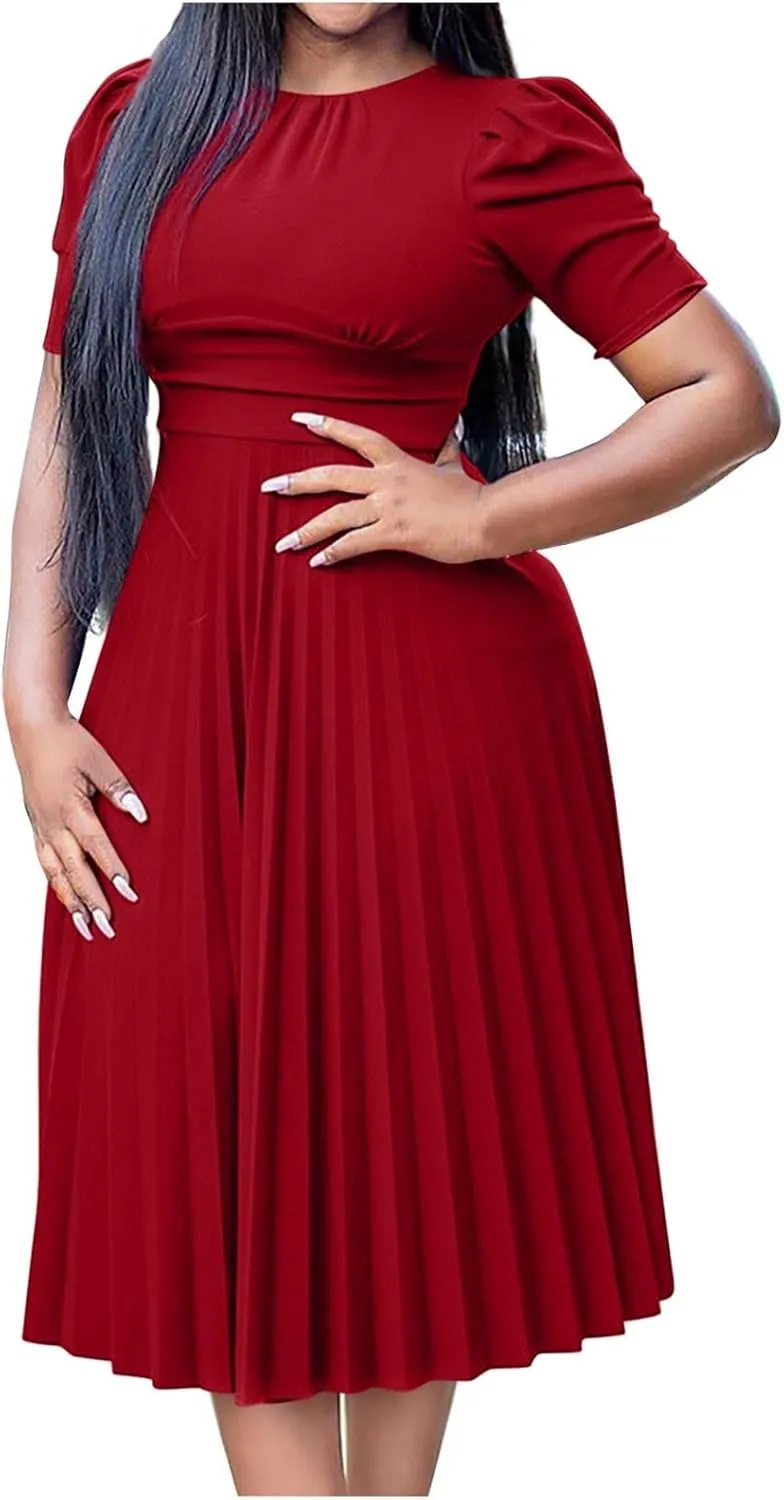 Cocktail Party Pleated Dresses for Women Puff Sleeve Bodycon Ankle Length Swing Aline Midi Dress Evening Costume