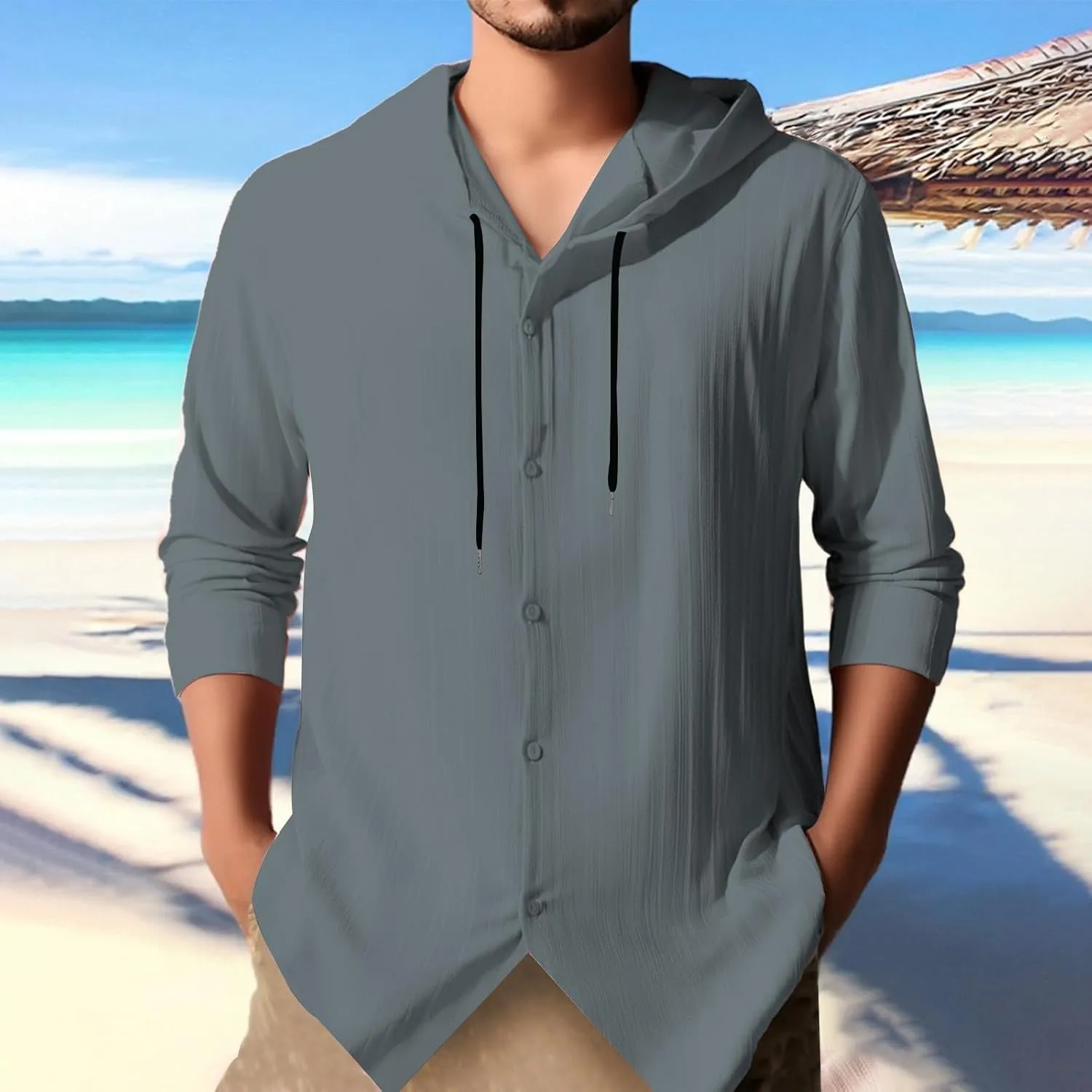 Cotton Linen Hoodies for Men Casual Long Sleeve Lightweight Breathable Button Down Hooded Sweatshirts Beach Yoga Tops