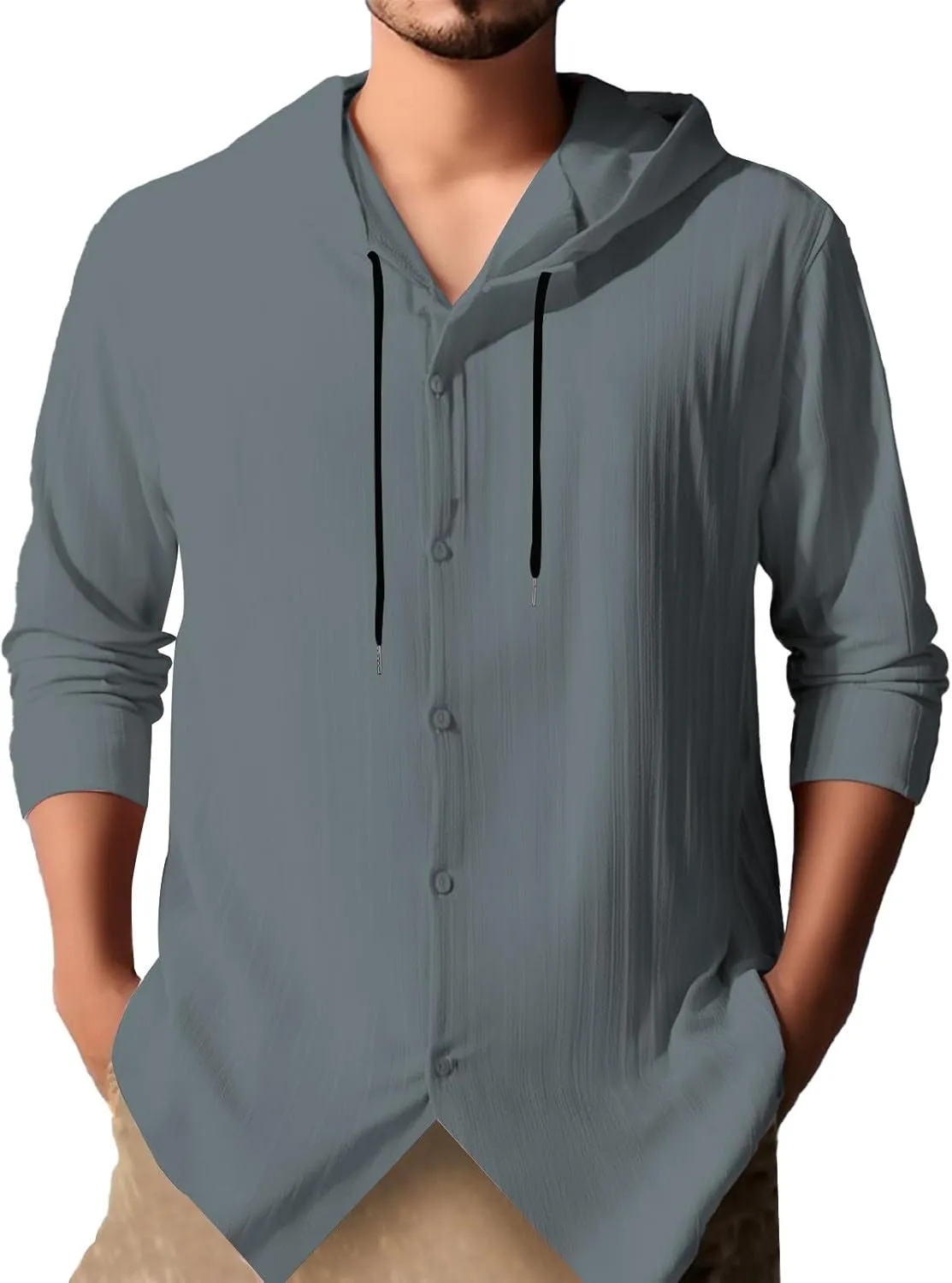 Cotton Linen Hoodies for Men Casual Long Sleeve Lightweight Breathable Button Down Hooded Sweatshirts Beach Yoga Tops