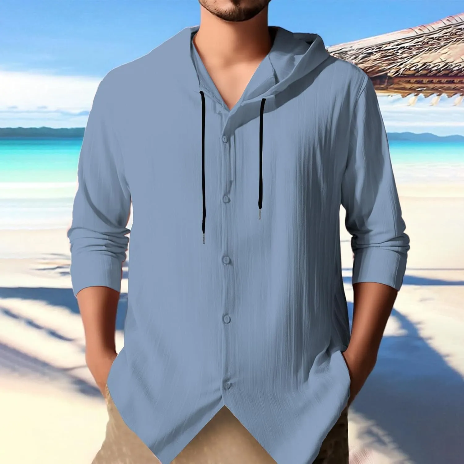 Cotton Linen Hoodies for Men Casual Long Sleeve Lightweight Breathable Button Down Hooded Sweatshirts Beach Yoga Tops