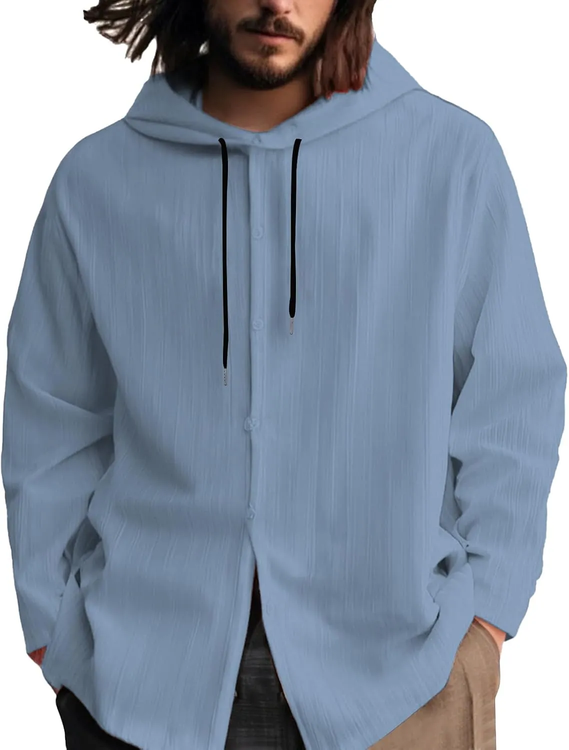 Cotton Linen Hoodies for Men Casual Long Sleeve Lightweight Breathable Button Down Hooded Sweatshirts Beach Yoga Tops