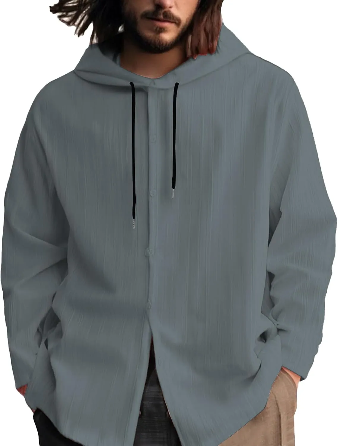 Cotton Linen Hoodies for Men Casual Long Sleeve Lightweight Breathable Button Down Hooded Sweatshirts Beach Yoga Tops