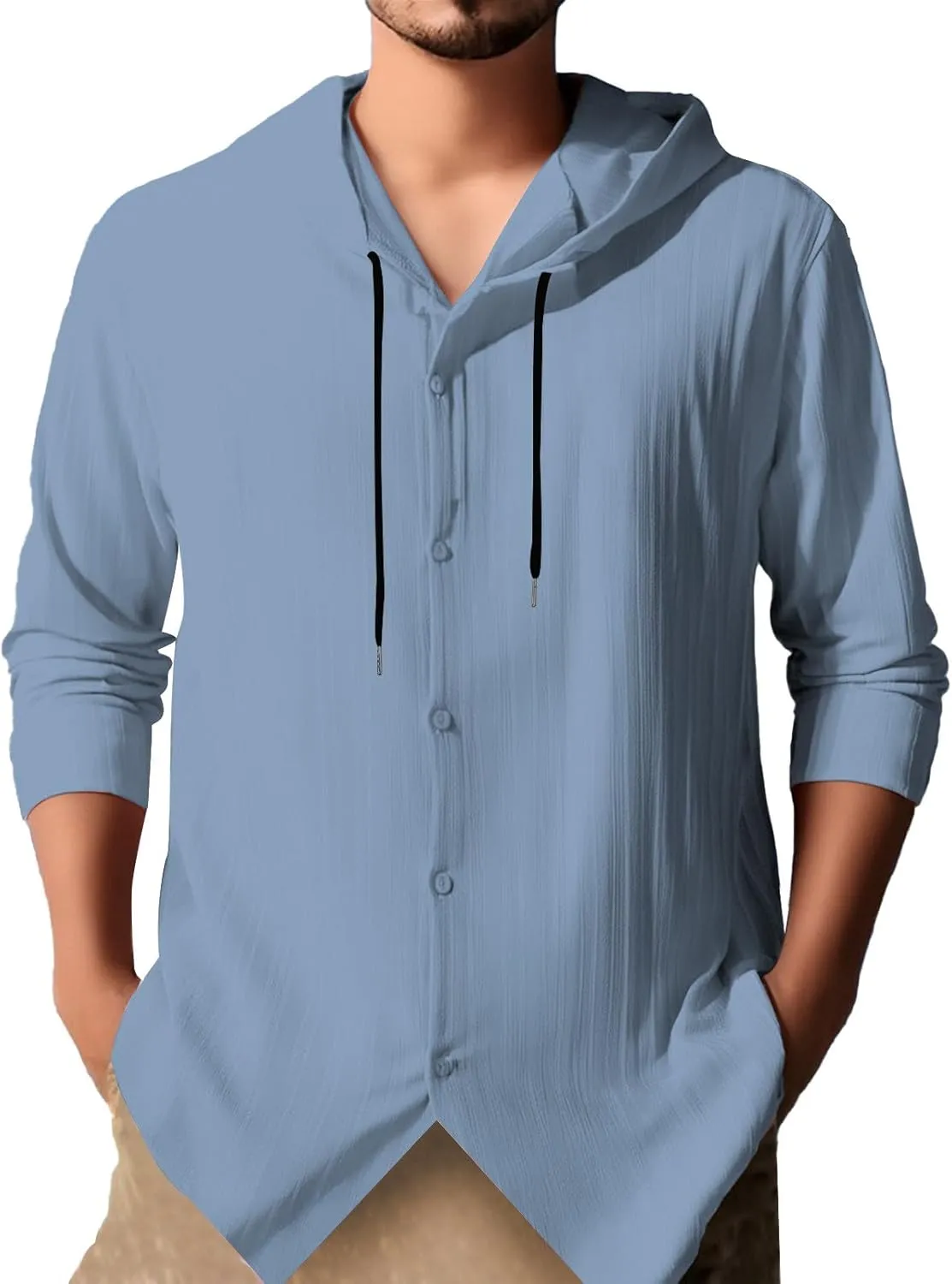 Cotton Linen Hoodies for Men Casual Long Sleeve Lightweight Breathable Button Down Hooded Sweatshirts Beach Yoga Tops