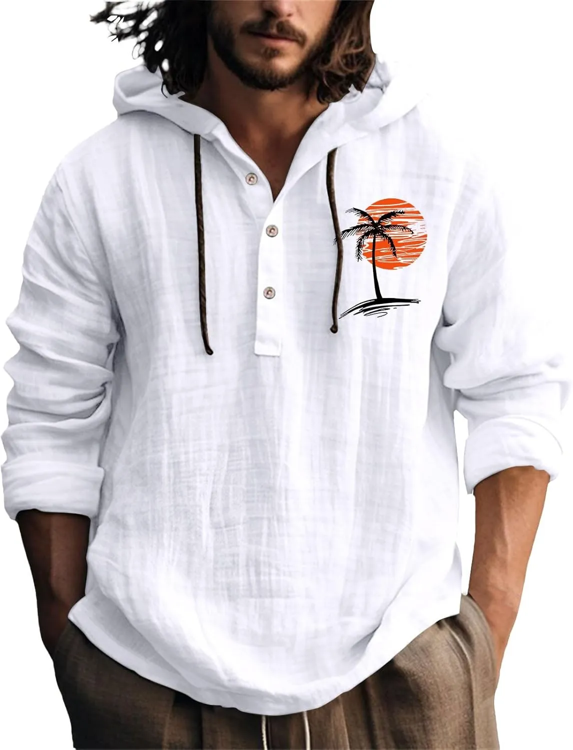 Cotton Linen Shirts for Men Breathable Quick Dry Lace Up Button Down Hooded Pullover Summer Casual Beach Hippie Shirt