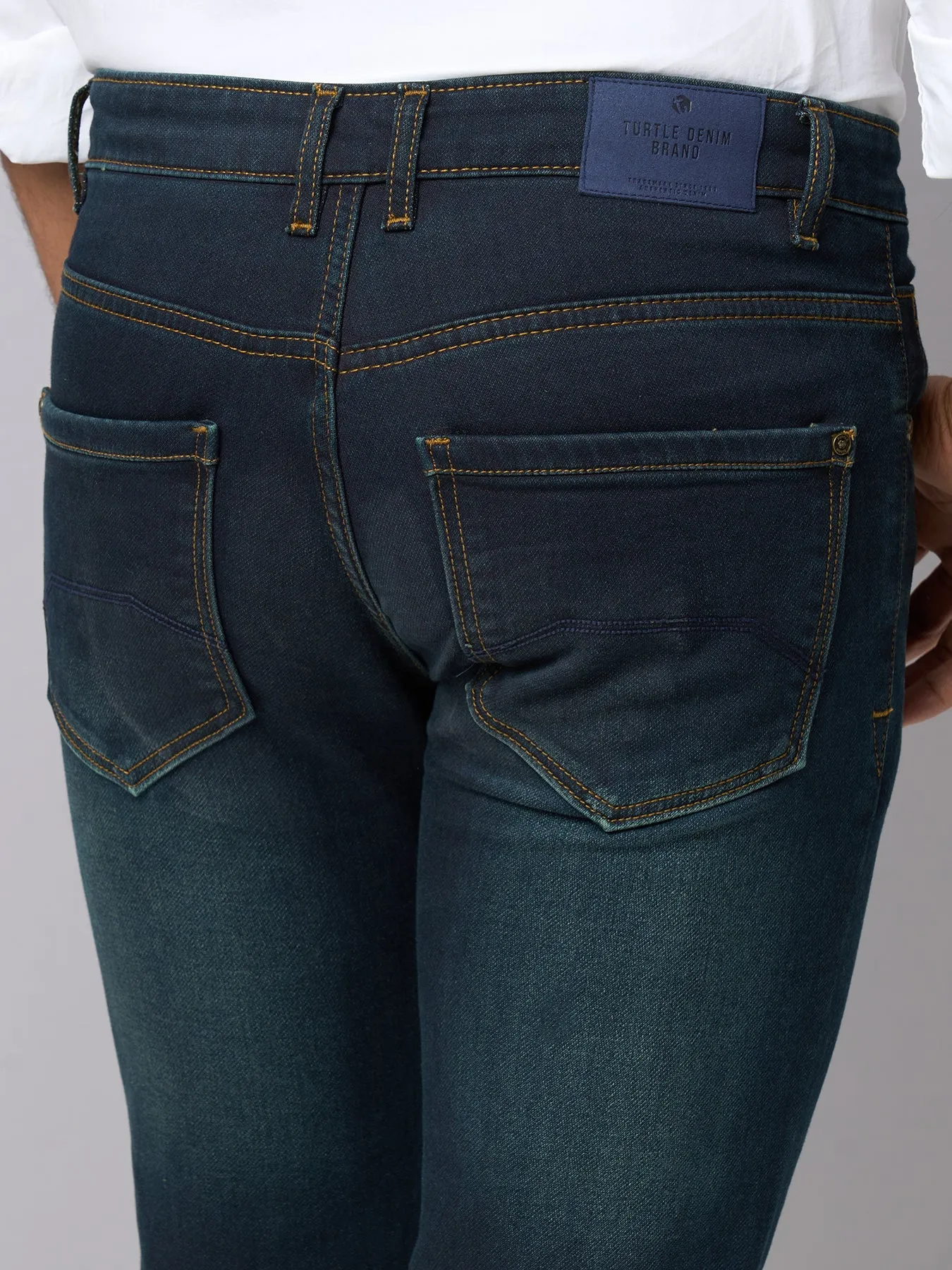 Cotton Stretch Deep Ocean Plain Narrow Fit Flat Front Casual Jeans