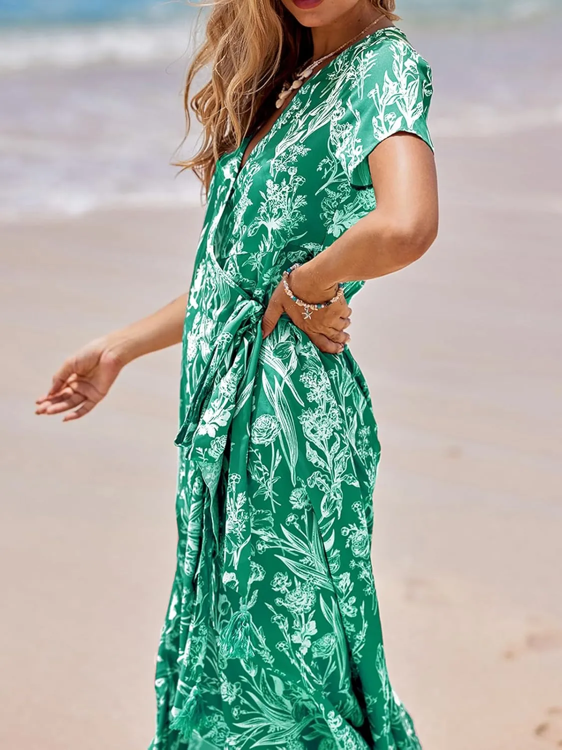CUPSHE Women Summer Maxi Dress V Neck Short Sleeve Floral Print Wrap Slit Beach Casual Dress