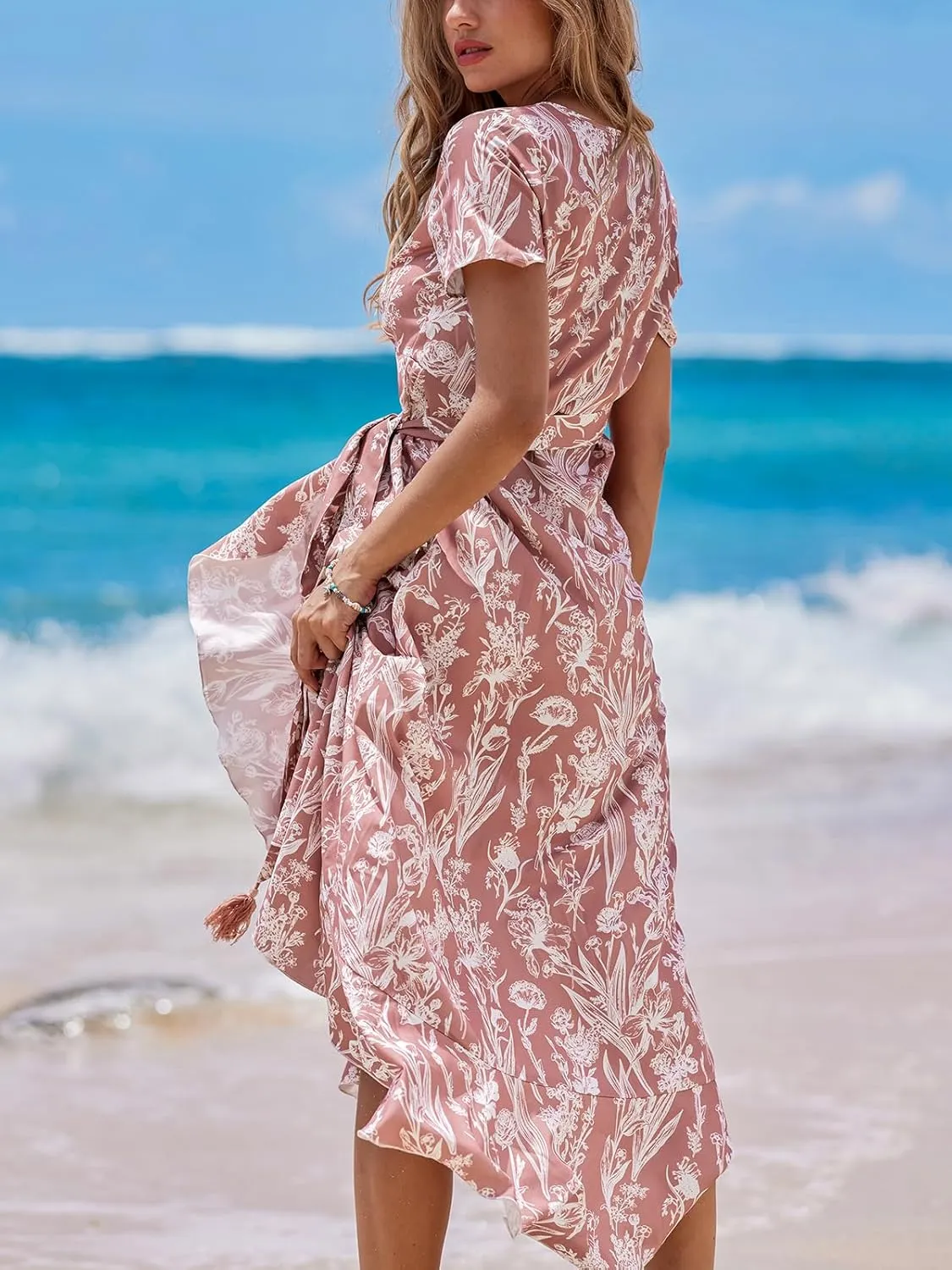 CUPSHE Women Summer Maxi Dress V Neck Short Sleeve Floral Print Wrap Slit Beach Casual Dress