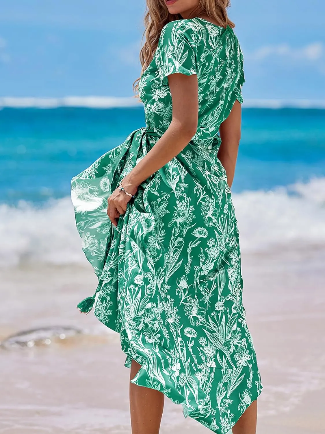 CUPSHE Women Summer Maxi Dress V Neck Short Sleeve Floral Print Wrap Slit Beach Casual Dress