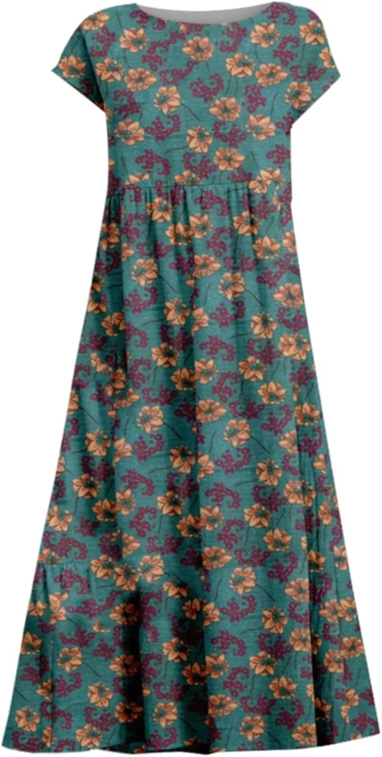 Floral Dresses for Women 2024 Crew Neck Short Sleeve Midi Dress with Pockets Casual Loose Empire Waist Summer Dress