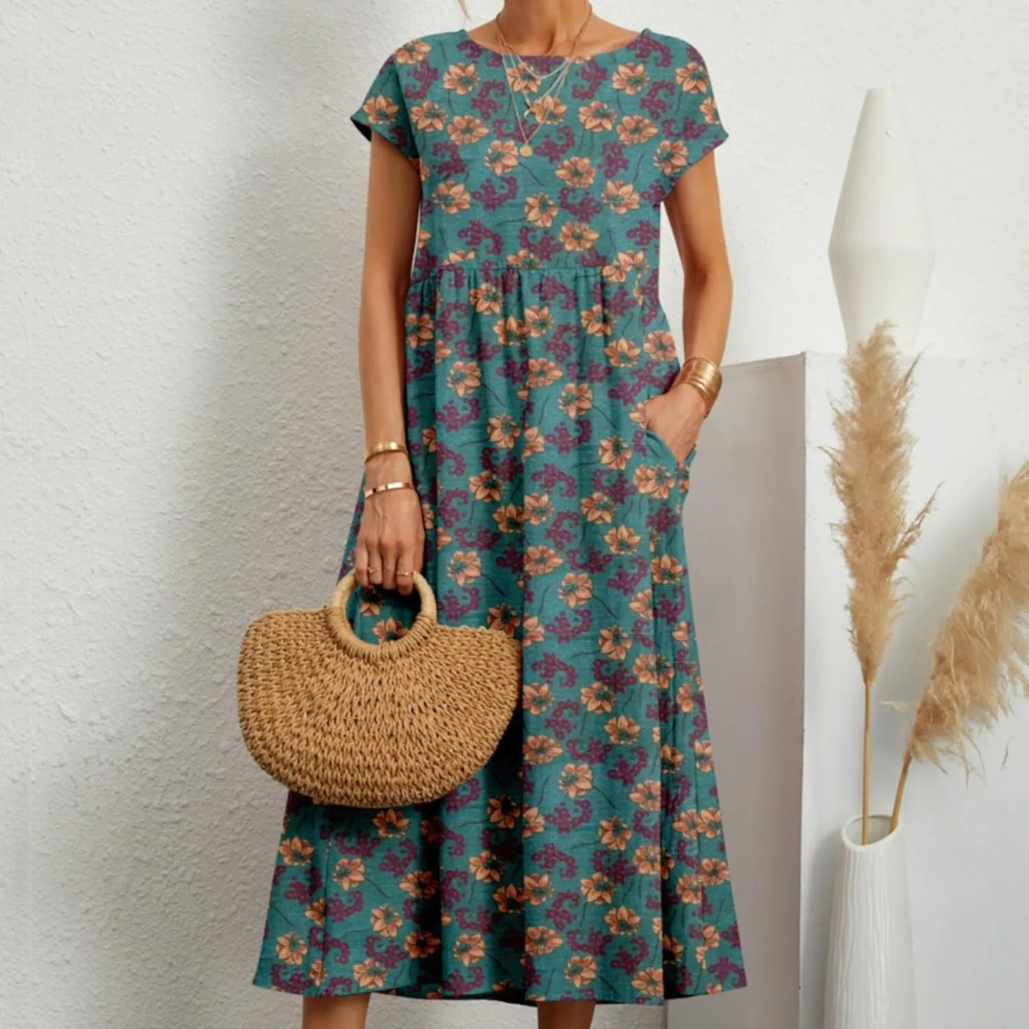 Floral Dresses for Women 2024 Crew Neck Short Sleeve Midi Dress with Pockets Casual Loose Empire Waist Summer Dress