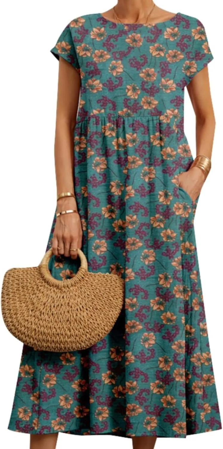 Floral Dresses for Women 2024 Crew Neck Short Sleeve Midi Dress with Pockets Casual Loose Empire Waist Summer Dress