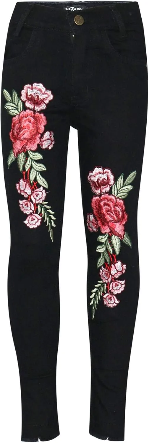 Girls Jeans Stretchy Roses Embroidered Denim Pants - Girls Jeans JN26 Jet Black 3-4