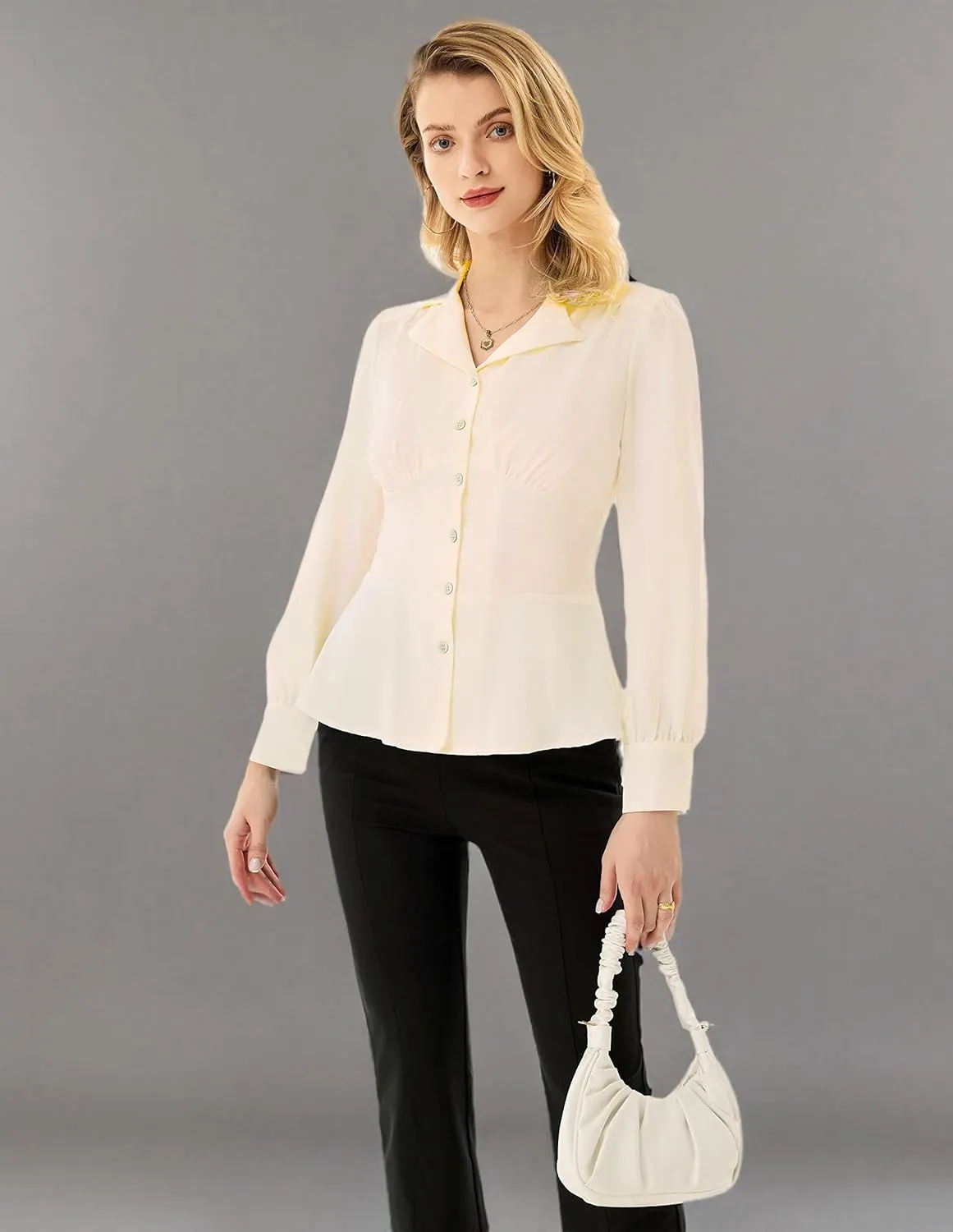 GRACE KARIN Button Down Shirts for Women Summer Peplum Tops Long Sleeve Work Blouse Collared Shirt Dressy Top