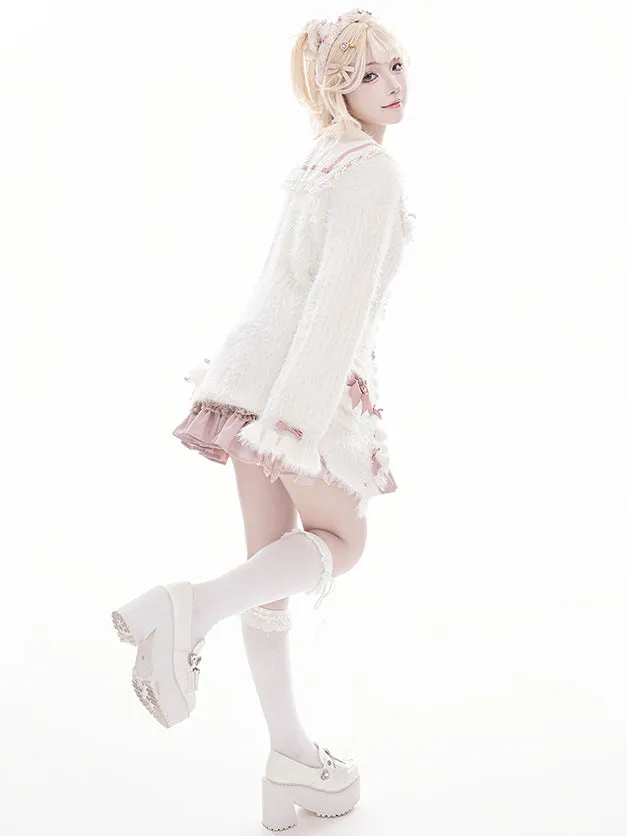 Jirai Kei Beige Bow Accents Landmine Style Soft Cardigan