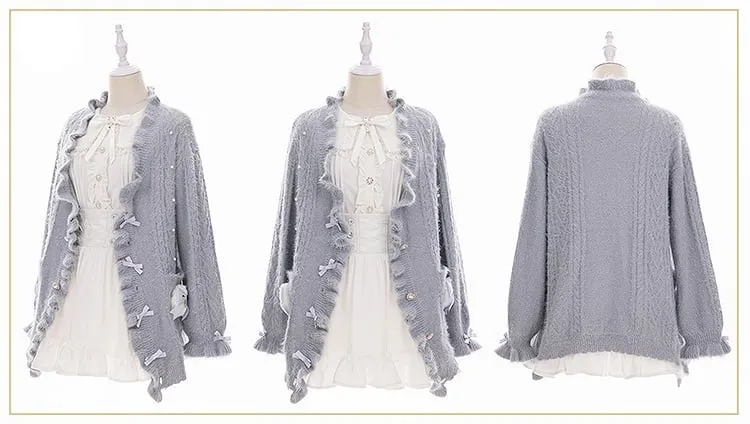 Jirai Kei Grey Bow Accents Landmine Style Soft Cardigan