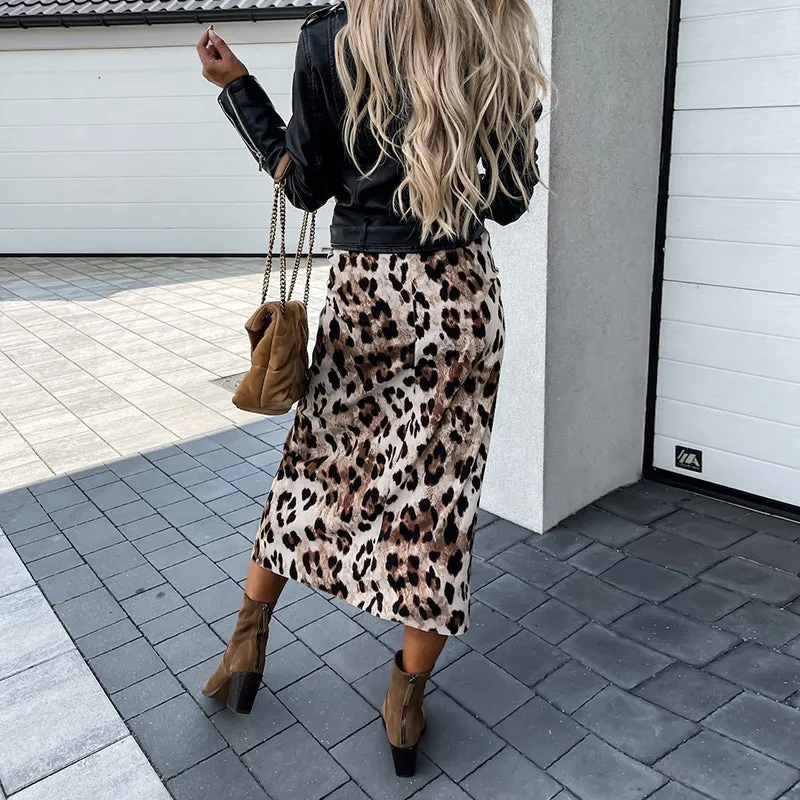 JuliaFashion - 2024 Women Front Knot Leopard Print High Waist Split Slim Skirt