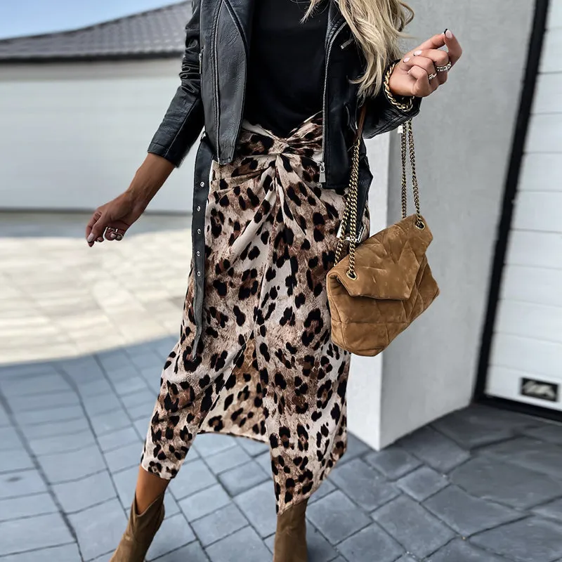 JuliaFashion - 2024 Women Front Knot Leopard Print High Waist Split Slim Skirt