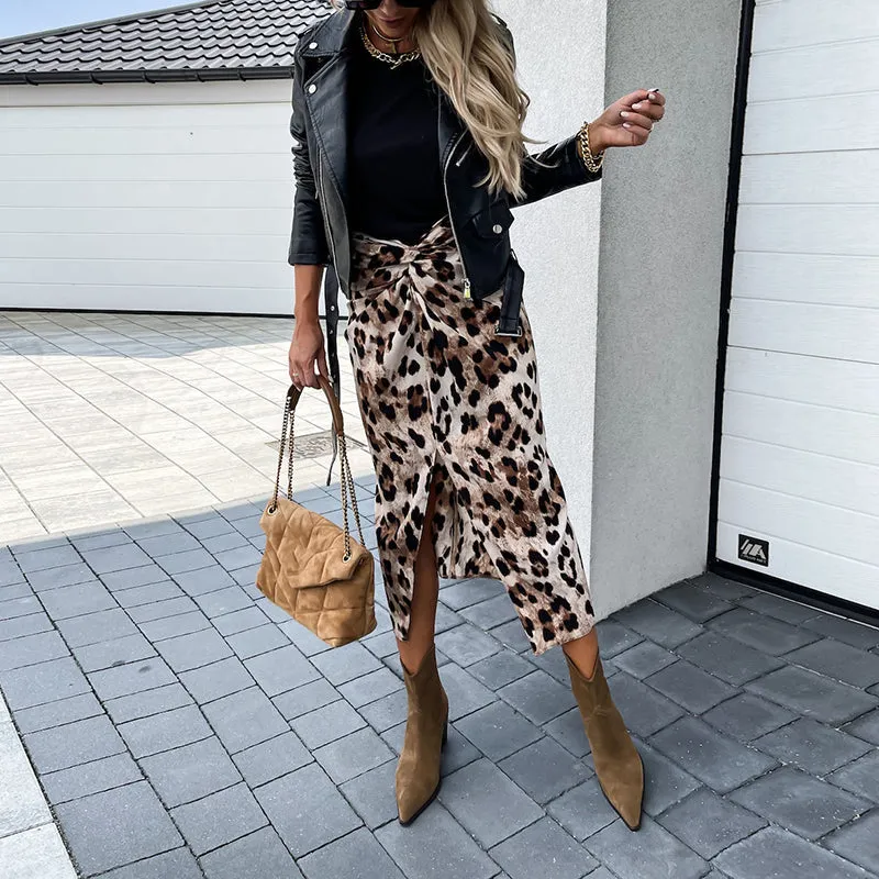 JuliaFashion - 2024 Women Front Knot Leopard Print High Waist Split Slim Skirt