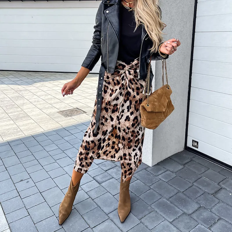 JuliaFashion - 2024 Women Front Knot Leopard Print High Waist Split Slim Skirt