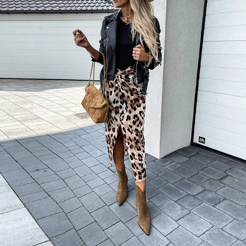 JuliaFashion - 2024 Women Front Knot Leopard Print High Waist Split Slim Skirt