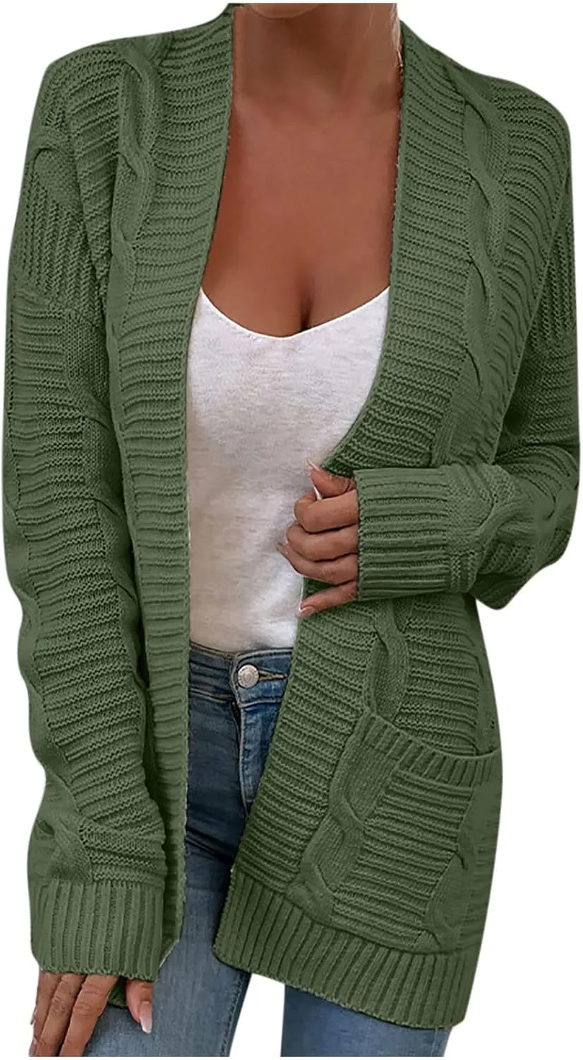 Knit Cardigan for Womens Soft Chunky Cable Knitted Open Front Long Sleeve Sweater Outwear Cover Up with Pockets