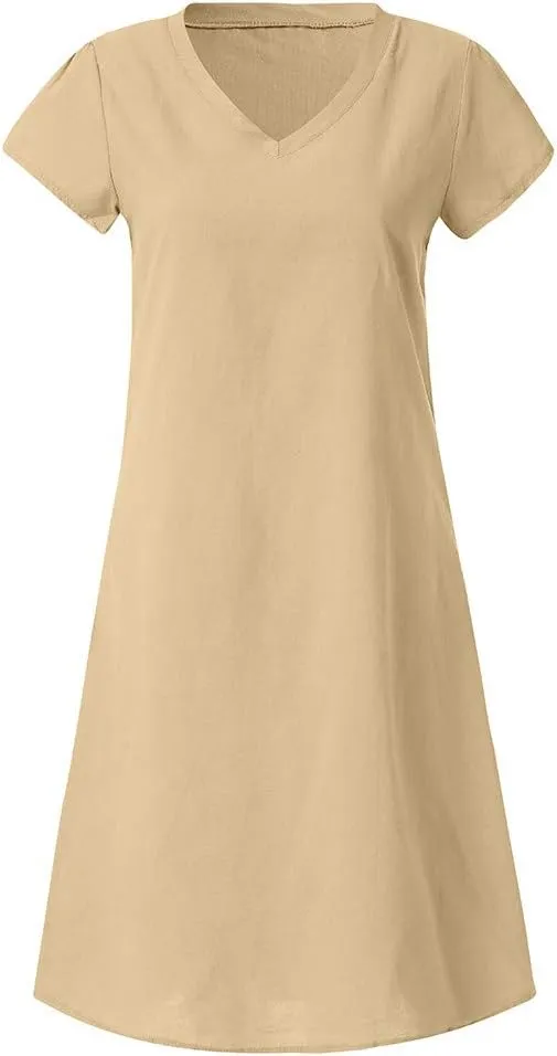 Linen Dresses for Women 2025 Summer V Neck Short Sleeve Flowy Midi Dress Plus Size Baggy Casual Comfy Beach Sundress