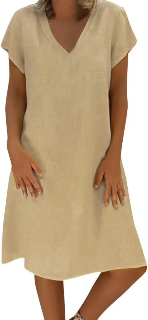 Linen Dresses for Women 2025 Summer V Neck Short Sleeve Flowy Midi Dress Plus Size Baggy Casual Comfy Beach Sundress