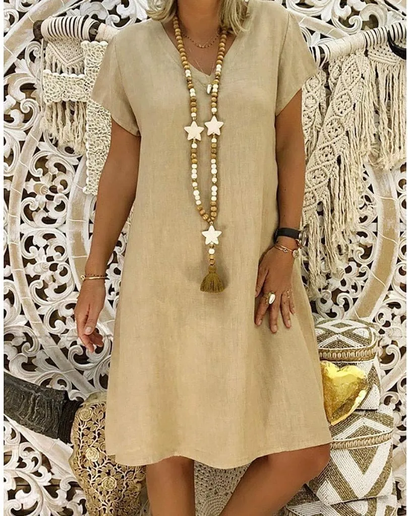 Linen Dresses for Women 2025 Summer V Neck Short Sleeve Flowy Midi Dress Plus Size Baggy Casual Comfy Beach Sundress