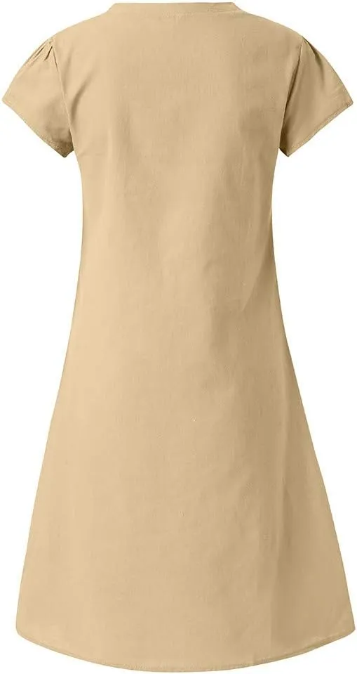 Linen Dresses for Women 2025 Summer V Neck Short Sleeve Flowy Midi Dress Plus Size Baggy Casual Comfy Beach Sundress